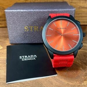 Strada Men's Quartz Watch Black Case Red Face And Silicone Band New In Box